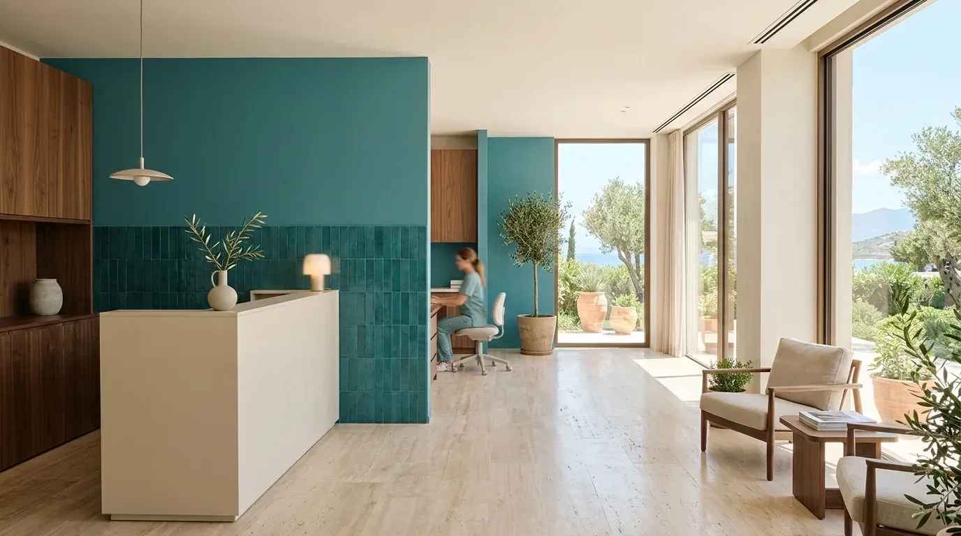 Modern Mediterranean diş kliniği resepsiyon iç mekan
