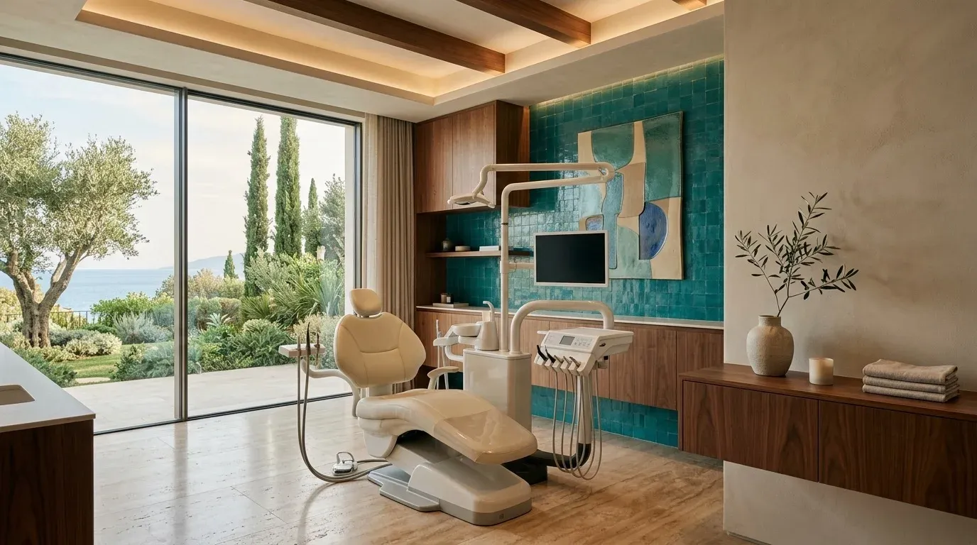 Modern Mediterranean diş tedavi odası — Ege manzaralı