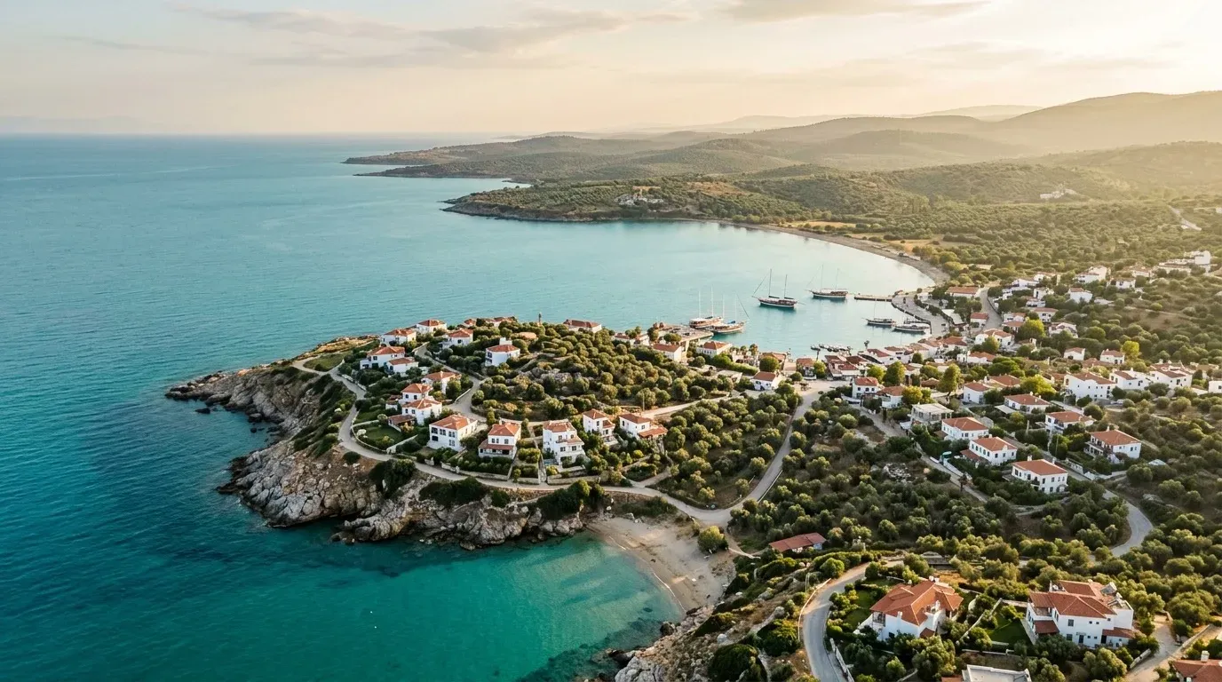 Didim sahil hava manzarası — turkuaz koy, geleneksel guletler