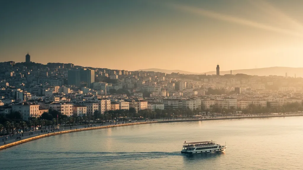 İzmir Kordon panoraması — körfez ve şehir silueti gün batımında